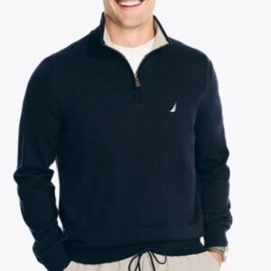 SM 100% soft cotton Navy sweater a quarter-zip front, ribbed cuffs, & chest logo